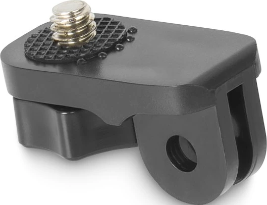 Ein schwarzer Adapter mit einem silbernen Schraubgewinde oben und einer Gabelhalterung unten.