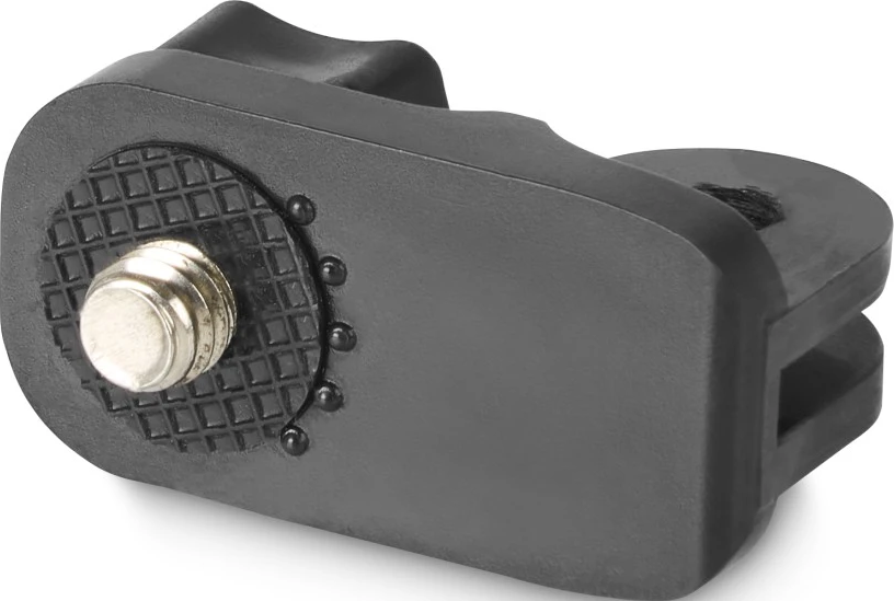 Ein schwarzer Adapter mit einem Rändelschraubenanschluss und einem Gabelkopf.