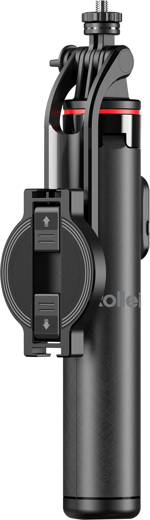 Un manico gimbal nero con accenti rossi e pulsanti di controllo.