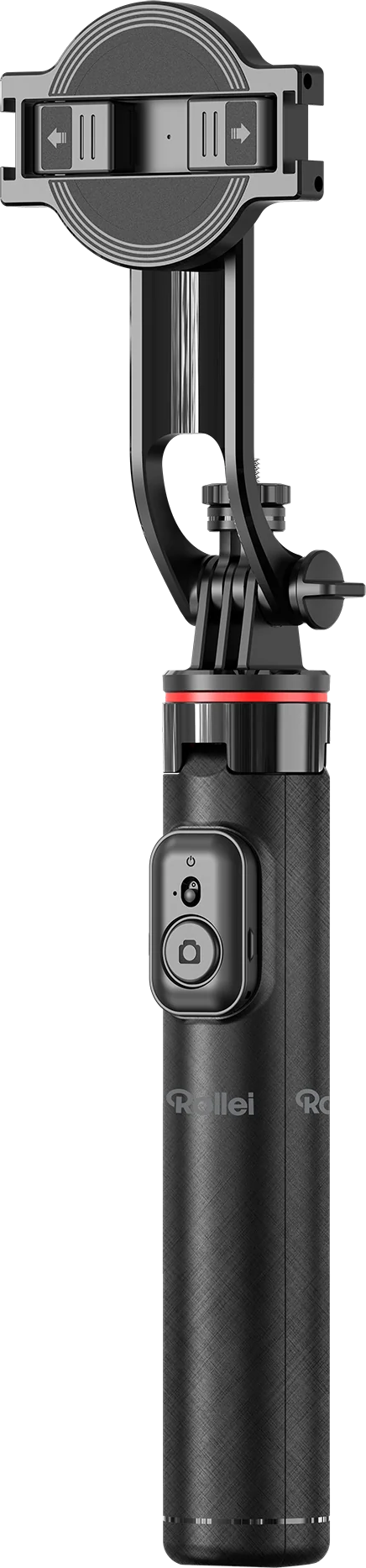 Un gimbal nero con anello rosso e pulsanti di controllo.
