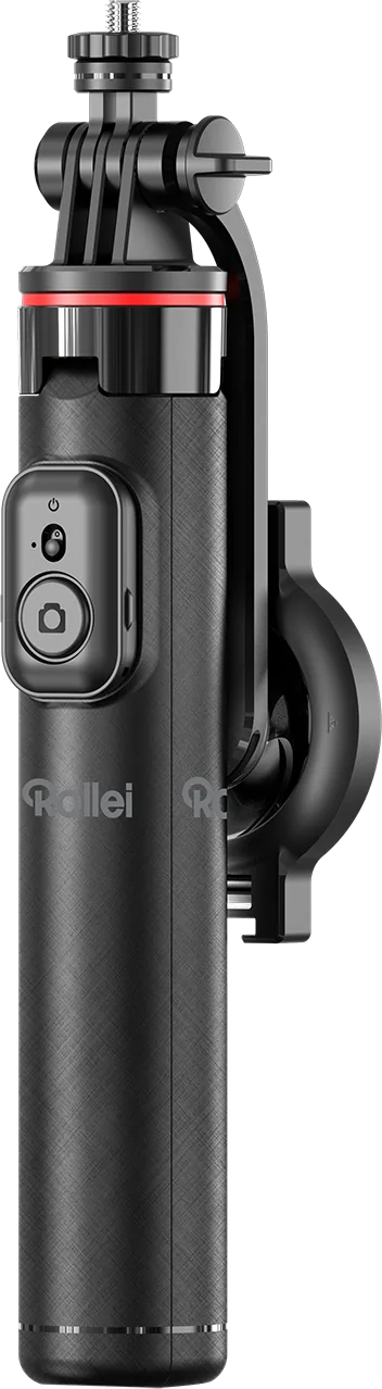 Gimbal nero con supporto per fotocamera e logo Rollei.
