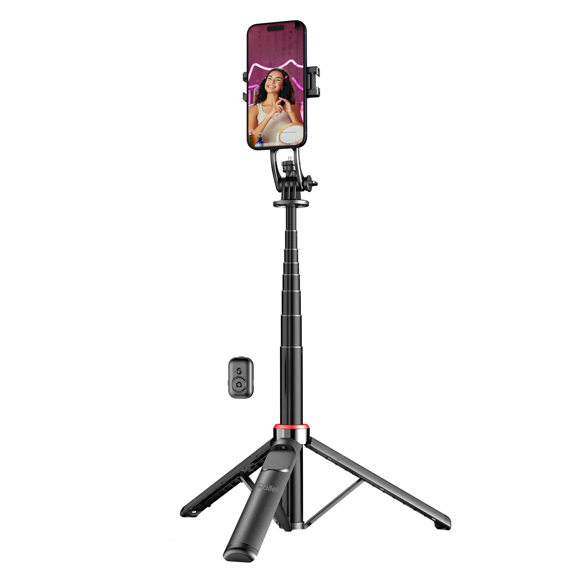 Uno smartphone su un selfie stick treppiede estensibile con telecomando.