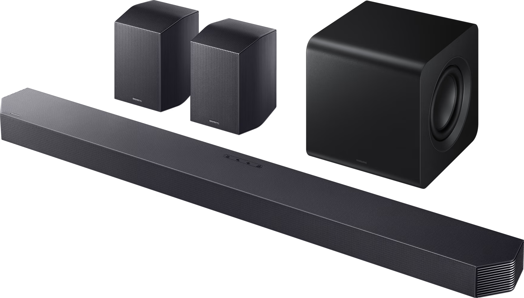 Schwarze Soundbar, zwei Satellitenlautsprecher und ein Subwoofer auf schwarzem Hintergrund.