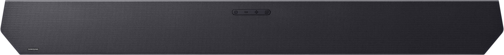 Schwarzer Samsung Soundbar mit gerippter Vorderseite und Tasten.