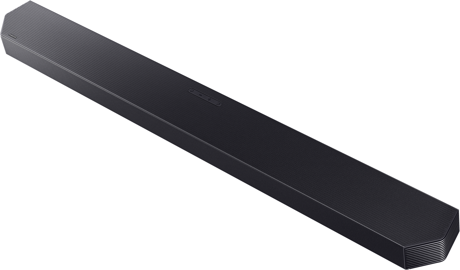 Schwarzer Soundbar mit gerippter Oberfläche und Bedienelementen.