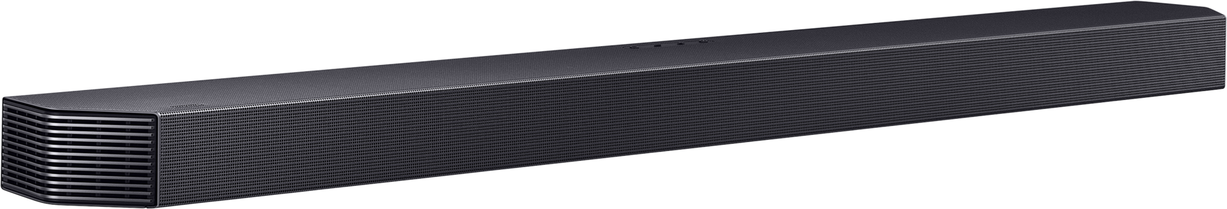 Ein dunkler, rechteckiger Soundbar mit Lamellen an den Seiten und einem Gitter vorne.