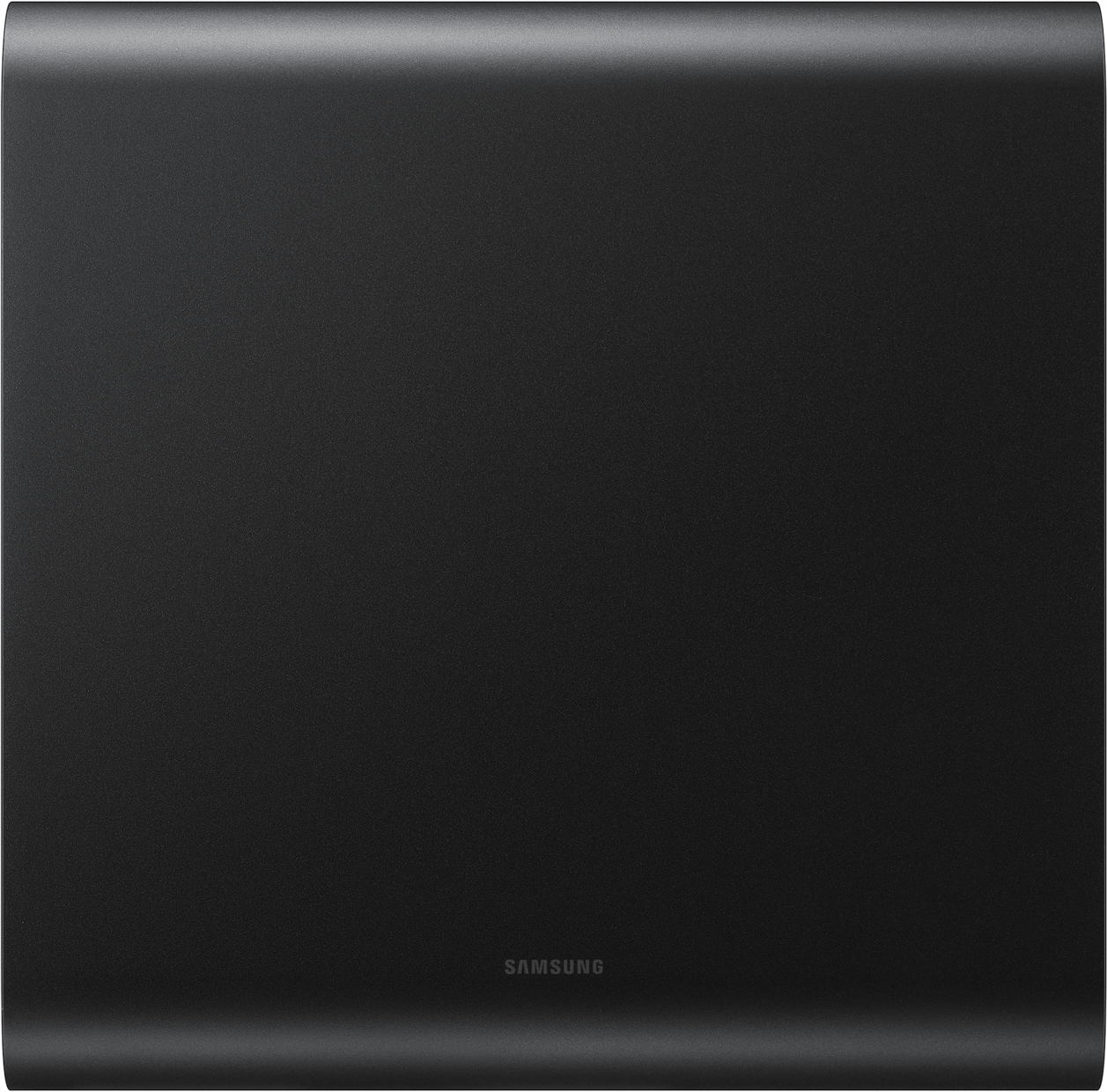 Schwarzer, rechteckiger Subwoofer mit Samsung-Logo in der Mitte.