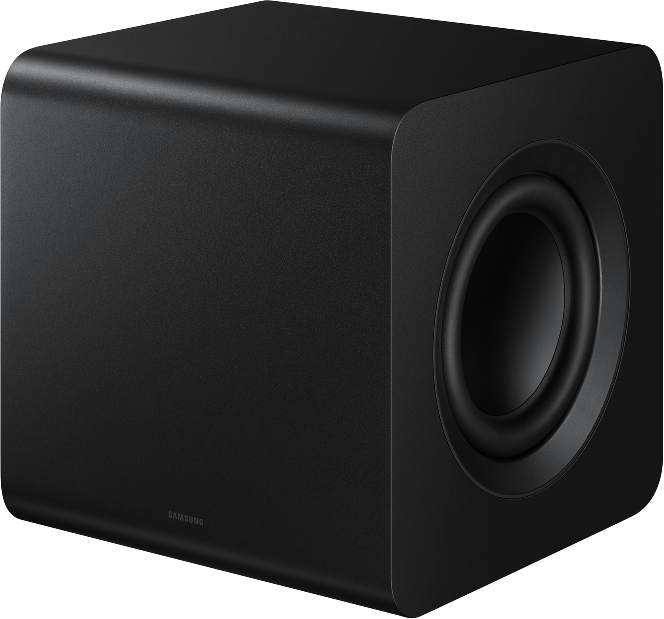 Ein schwarzer Samsung Subwoofer mit rundem Tieftöner auf der rechten Seite.