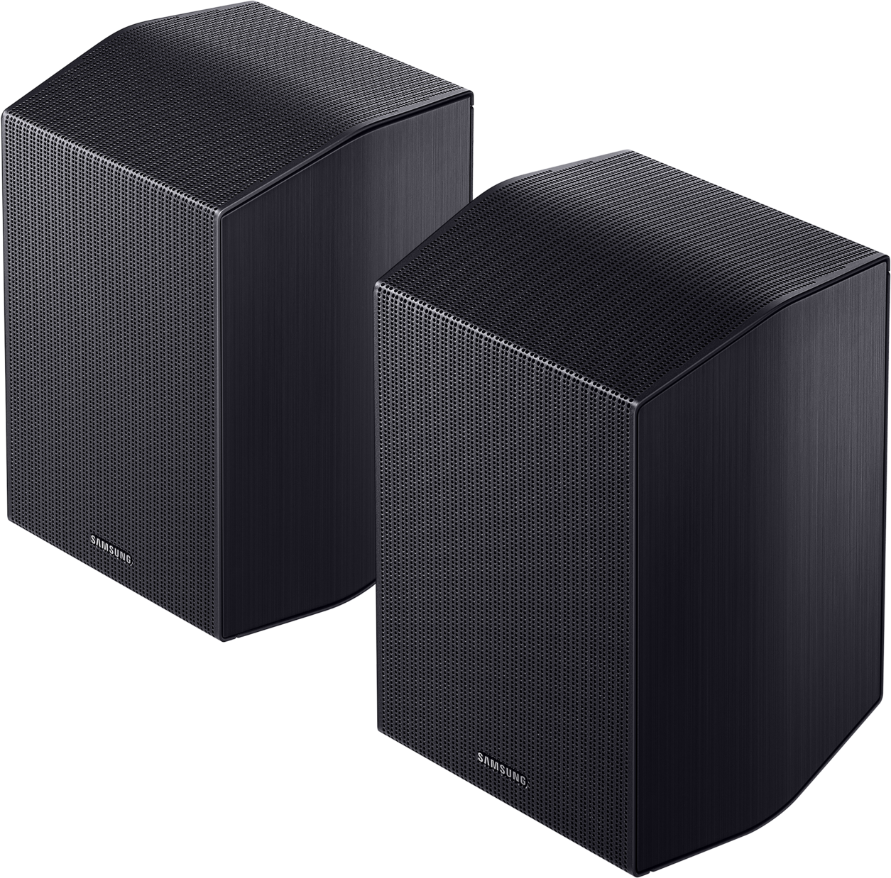 Zwei schwarze Samsung-Lautsprecher mit perforierter Vorderseite stehen nebeneinander.