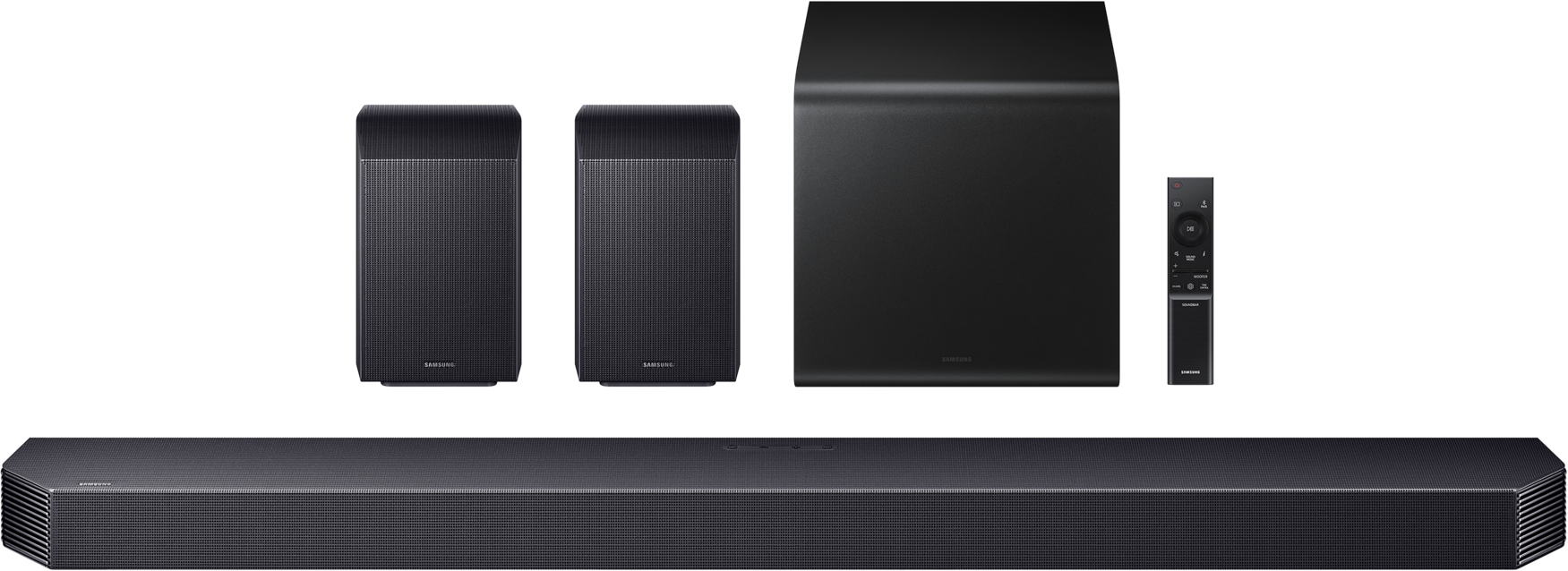 Ein schwarzes Samsung Soundsystem mit Soundbar, Subwoofer, zwei Lautsprechern und Fernbedienung.