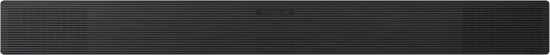 Grille d'enceinte noire avec nervures horizontales et un petit panneau de commande gris.