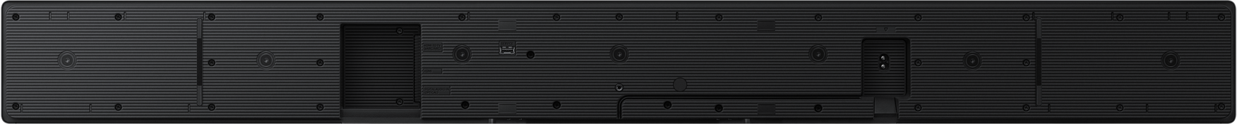 Arrière d'une barre de son noire avec nervures et ports horizontaux.