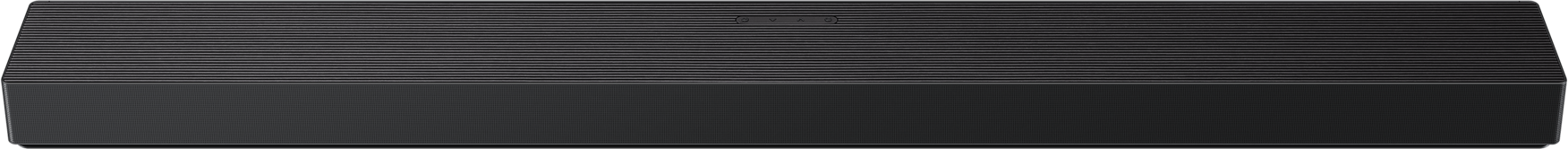 Enceinte noire avec rainures horizontales en haut et motif de grille en bas.