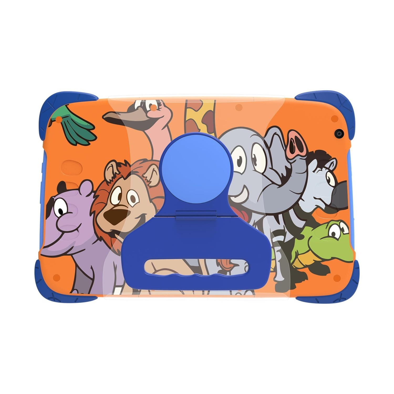 Un tablet arancione con angoli blu, con grafica di animali a cartoni animati.