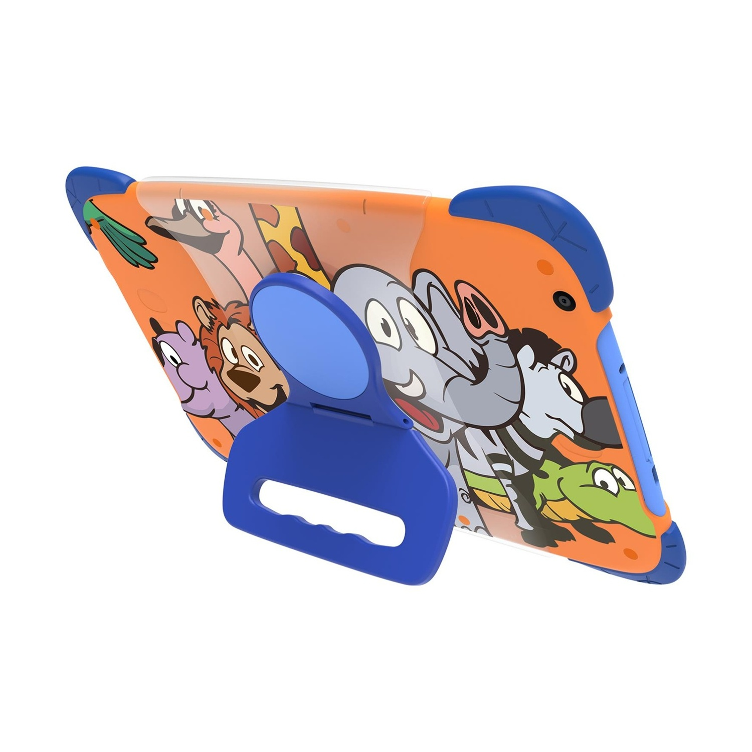 Tablet arancione con angoli blu, animali della giungla disegnati e maniglia integrata.