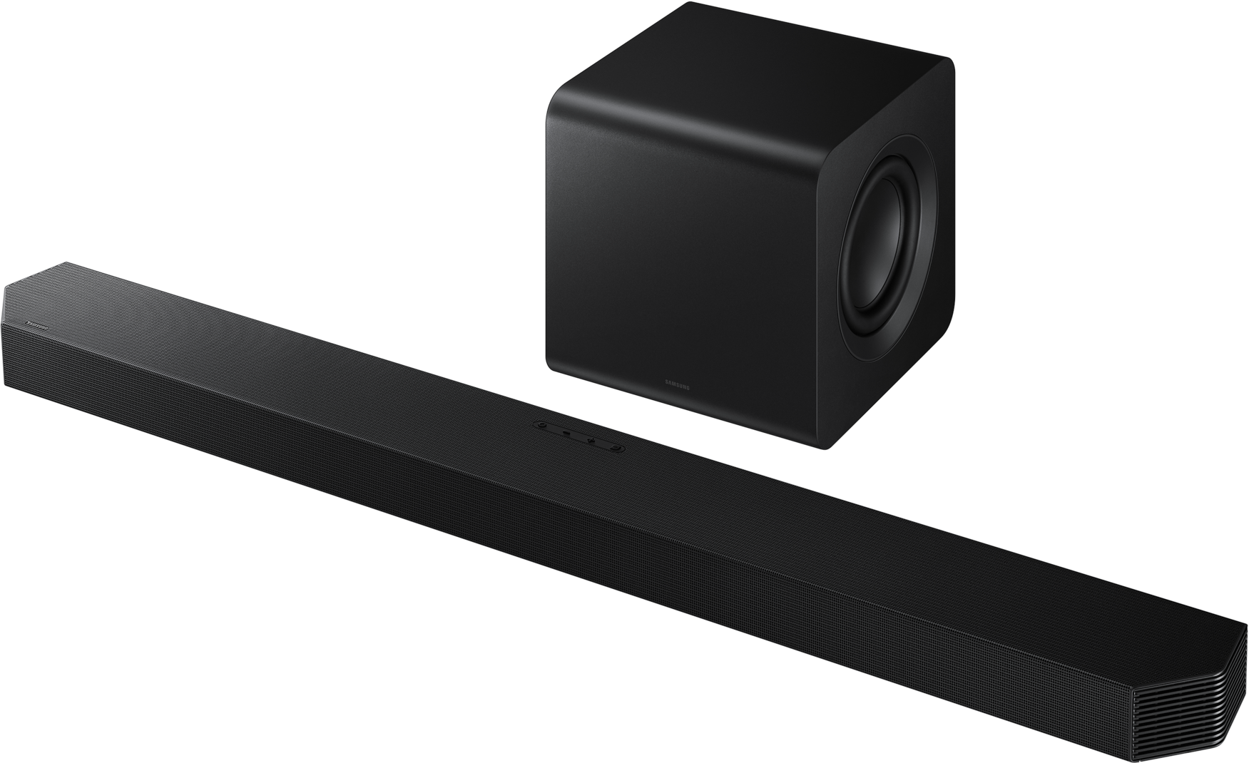 Barre de son et caisson de basses noirs sur fond noir.