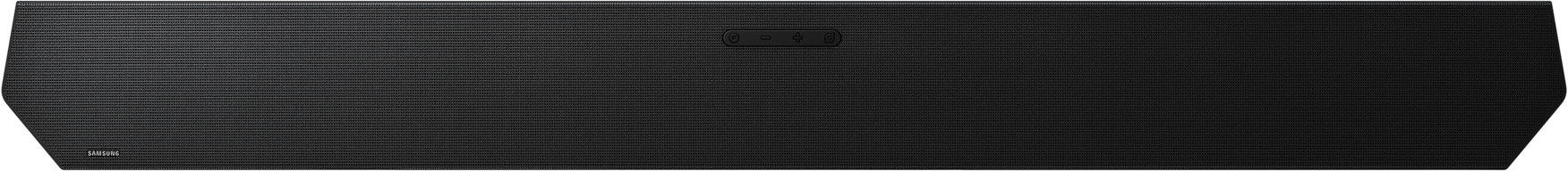 Une barre de son Samsung noire avec grille texturée et boutons.