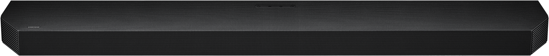 Barre de son Samsung noire avec fines rainures horizontales et motif en grille.