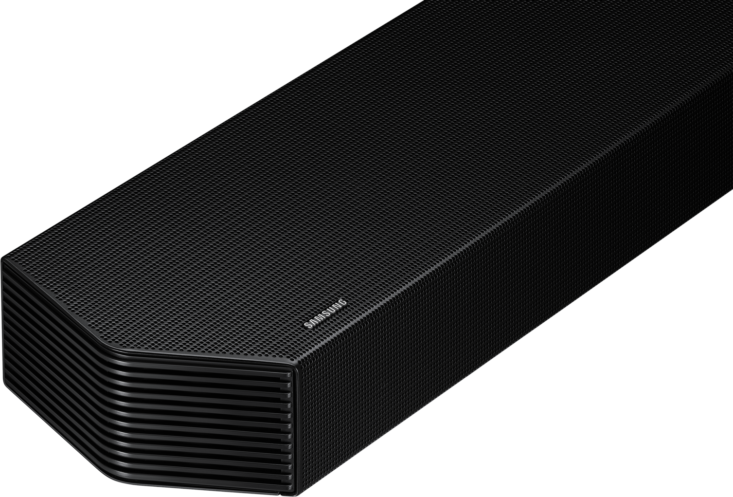 Barre de son Samsung noire avec façade perforée et côtés rainurés.