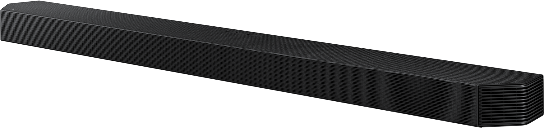 Haut-parleur rectangulaire noir avec évents latéraux et boutons sur le dessus. Design épuré.