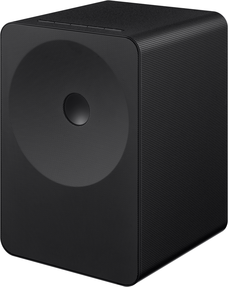 Schwarzer Würfel-Subwoofer mit runder Membran und Knopf in der Mitte.