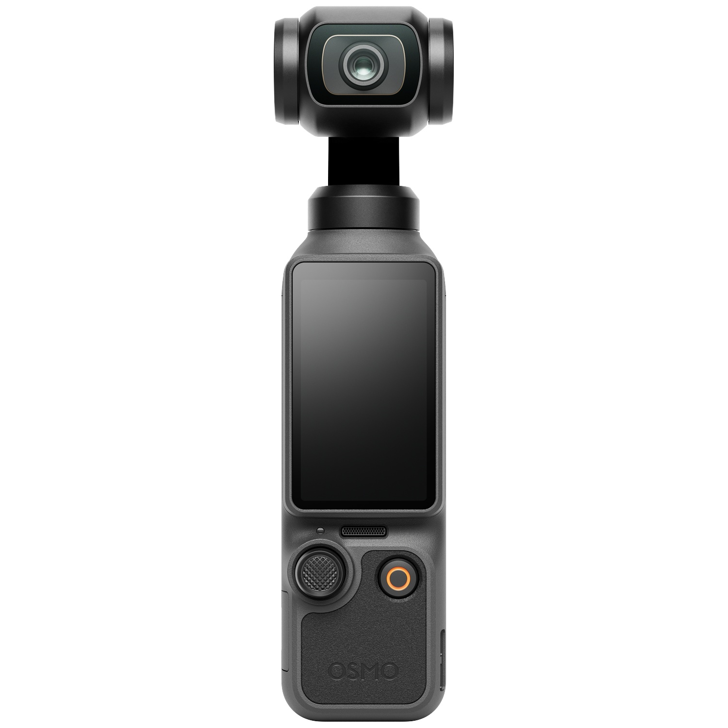 A black gimbal stabilizer with a camera and touchscreen.