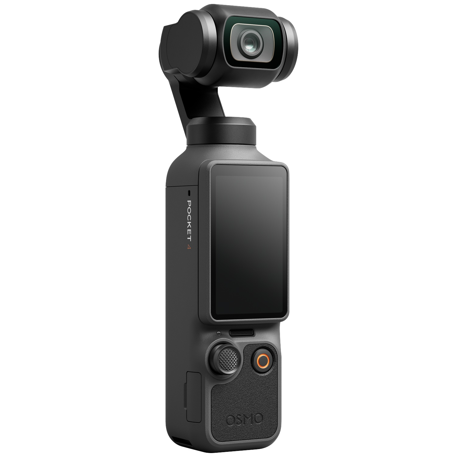 A black Osmo Pocket 3 gimbal with camera and touchscreen, isolated.