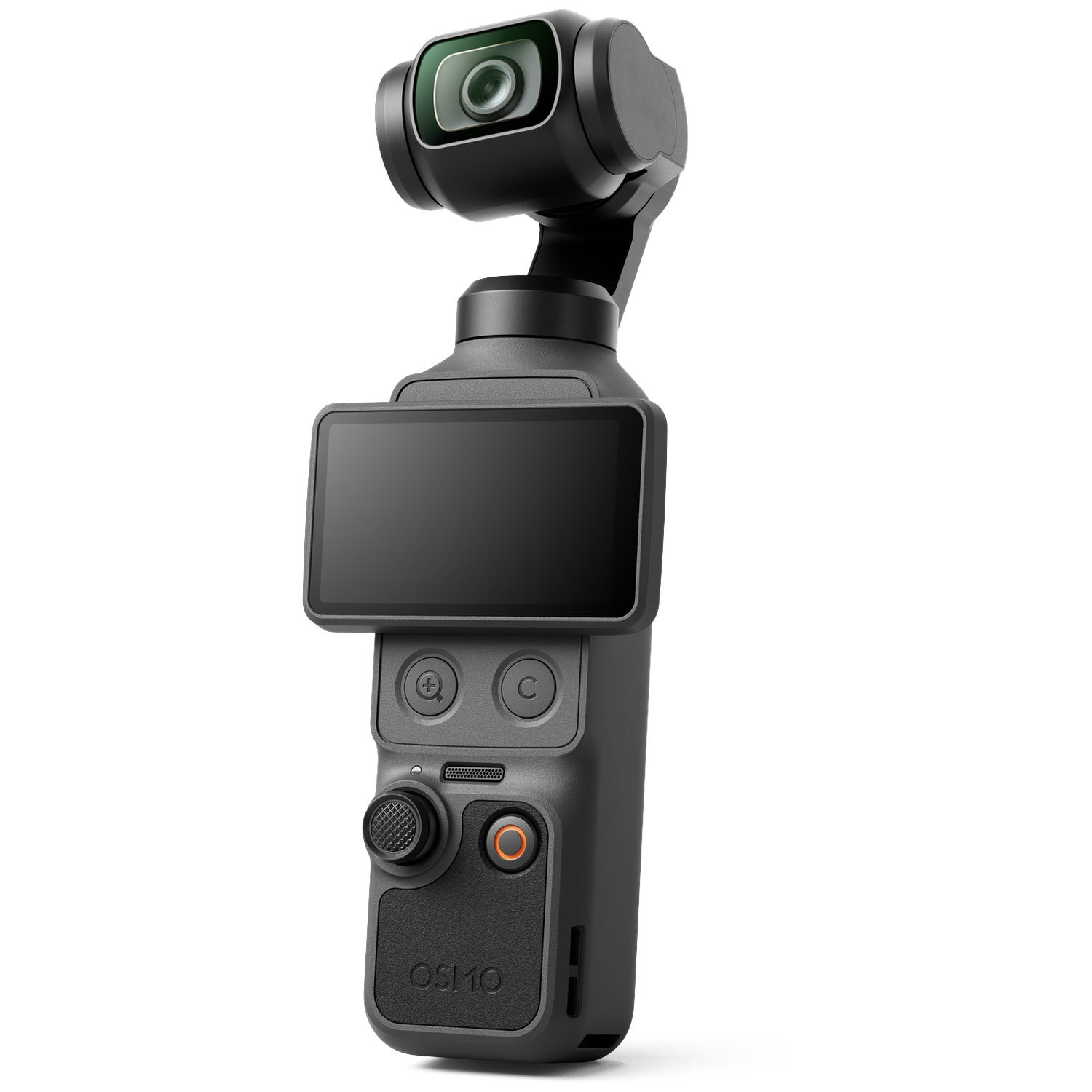 A black gimbal with a camera and screen, set against a white background.