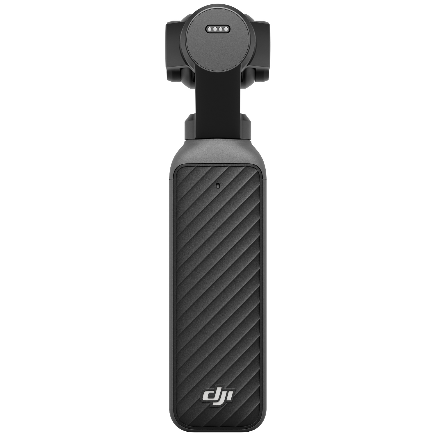 A gray DJI gimbal with a textured grip and charging indicator lights.