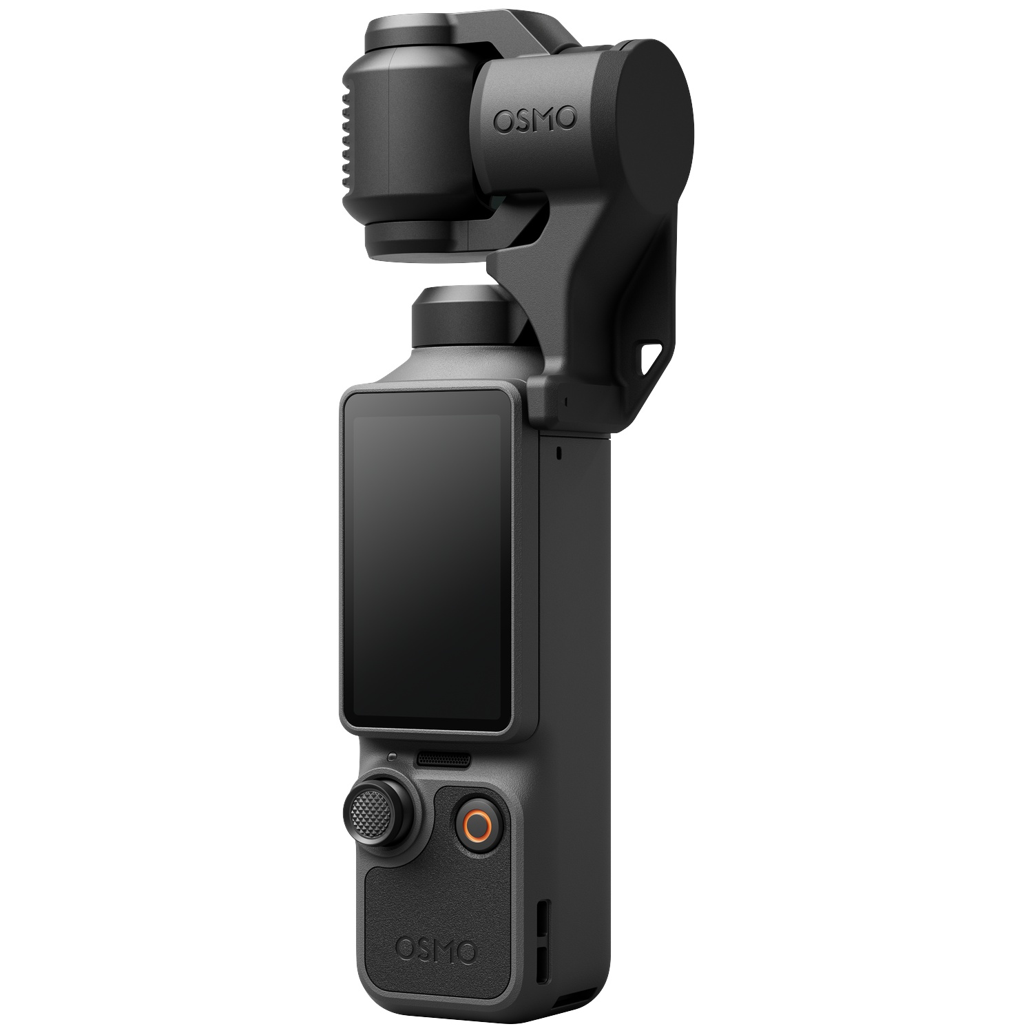 A black Osmo handheld gimbal with a screen and joystick is shown against a white background.