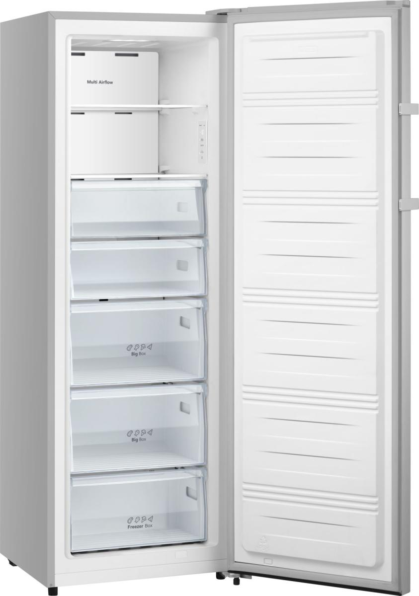 Ein offener weißer Gefrierschrank mit mehreren Schubladen und Multi-Airflow-Belüftung.