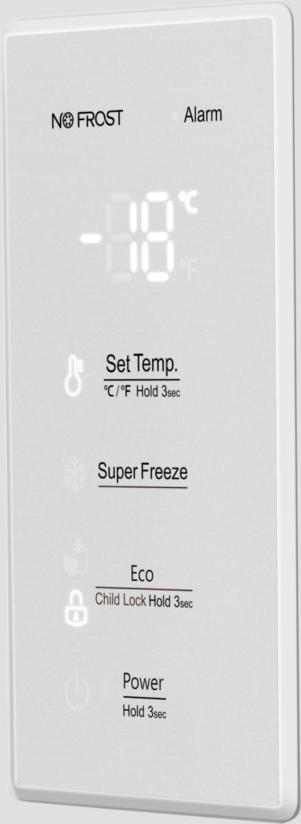 Bedienfeld mit "No Frost", "Alarm", Temperaturanzeige, "Set Temp.", "Super Freeze", "Eco" und "Power".