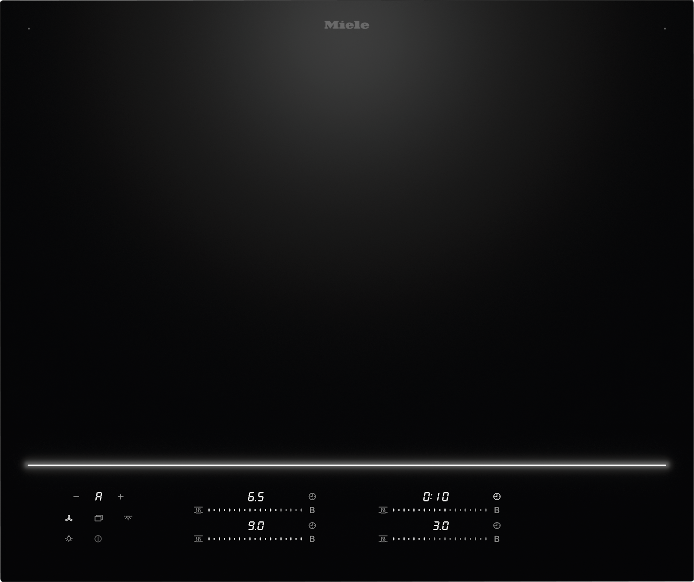 Ein schwarzes Miele Kochfeld mit digitalen Anzeigen für Leistung und Timer.