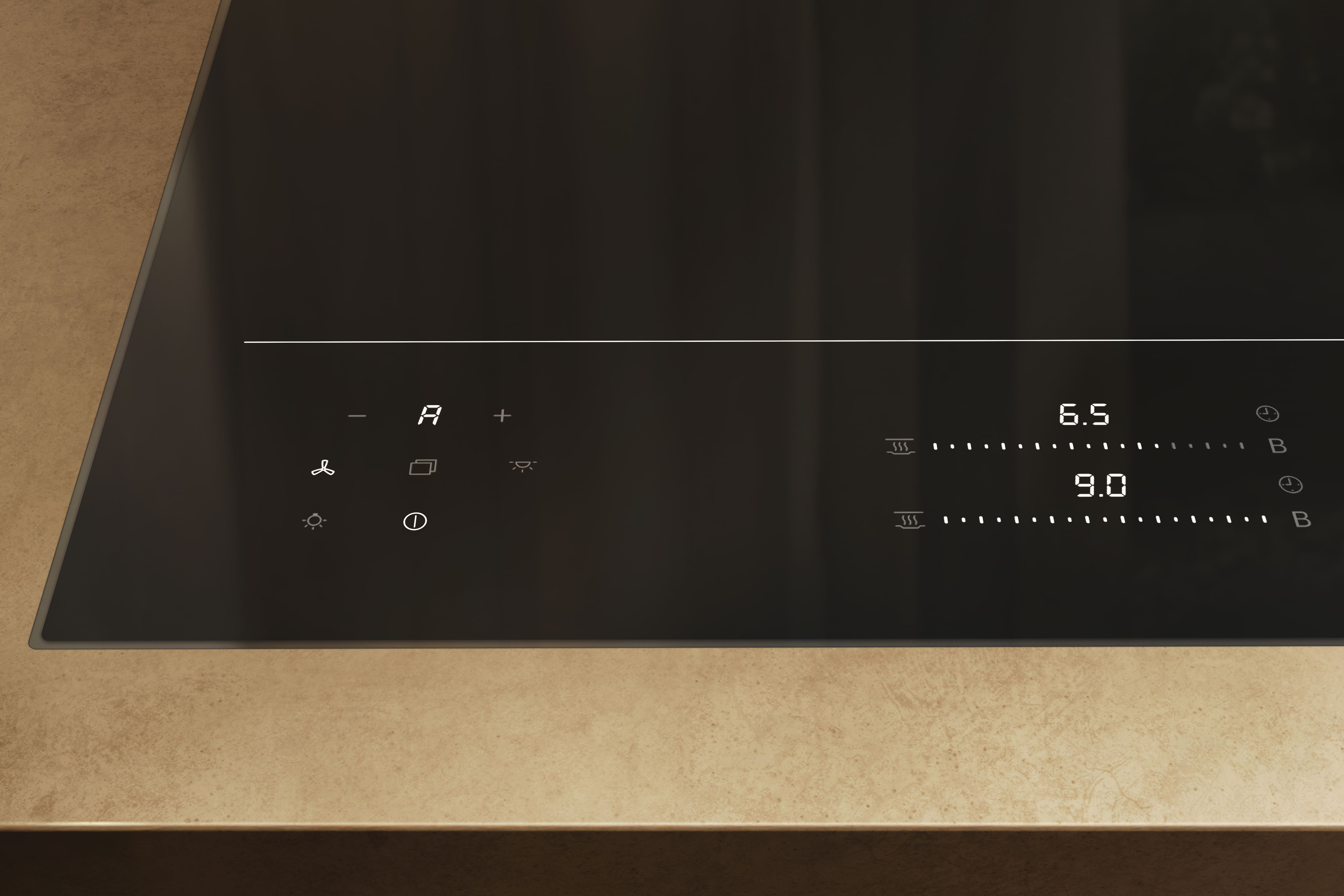 Ein Induktionskochfeld mit digitalen Anzeigen für 6.5 und 9.0.