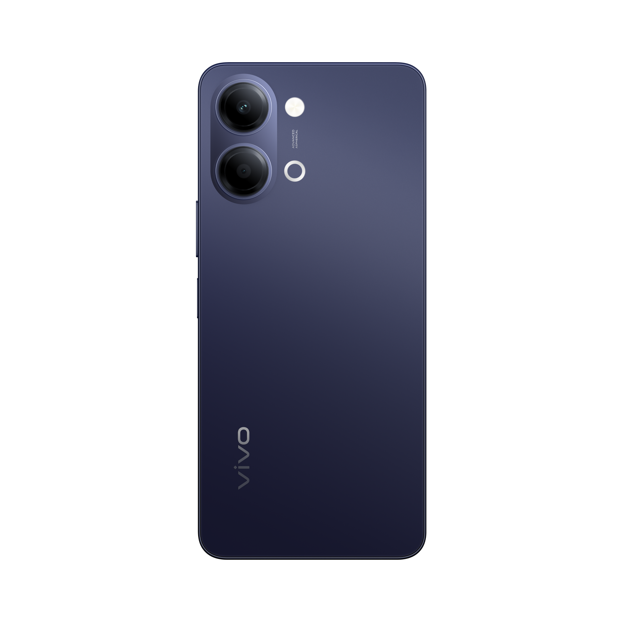 Parte trasera de un smartphone morado con dos cámaras y el logo de Vivo.