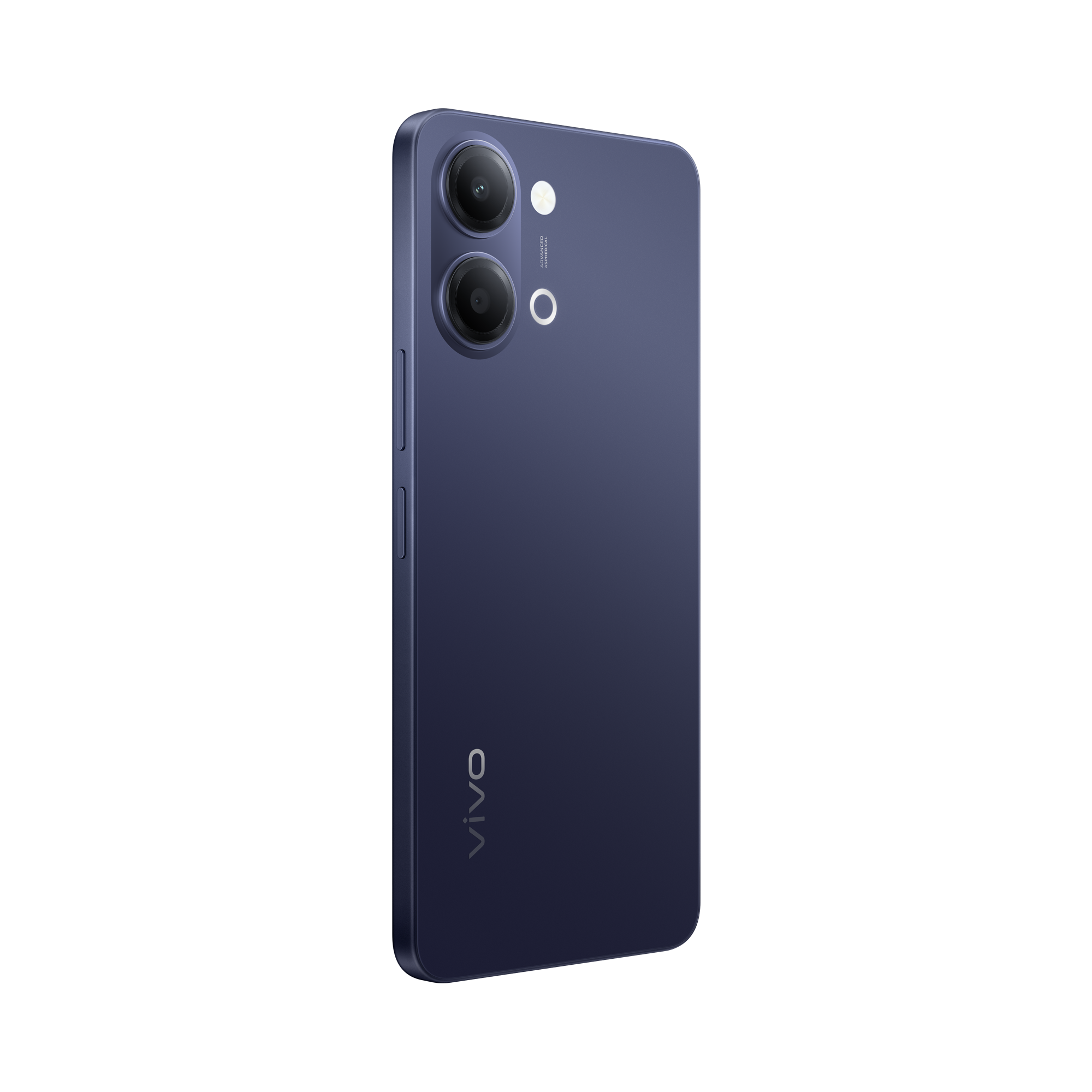 Parte trasera de un smartphone azul oscuro con dos cámaras y el logo de Vivo.