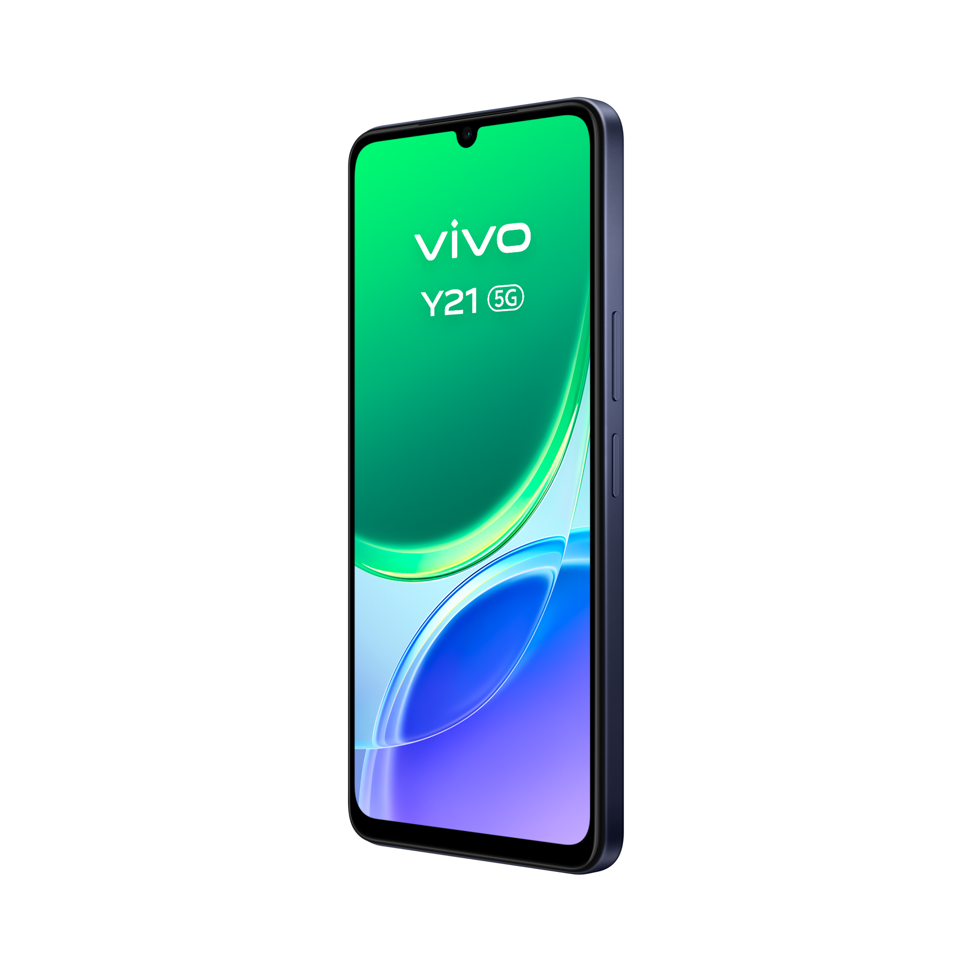 Un smartphone Vivo Y21 5G azul oscuro con pantalla colorida.
