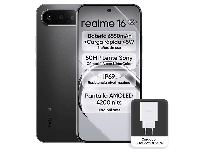 Móvil – realme 16, Negro, 256GB, 8GB RAM, 6.57″ FHD FOLED, D6400 Turbo, 6550mAh