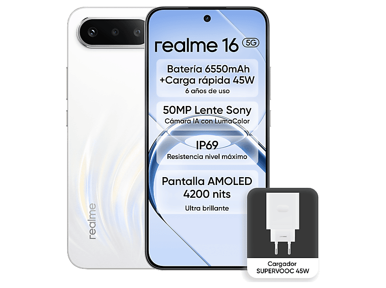 Móvil – realme 16, Blanco, 256GB, 8GB RAM, 6.57″ FHD FOLED, D6400 Turbo, 6550mAh