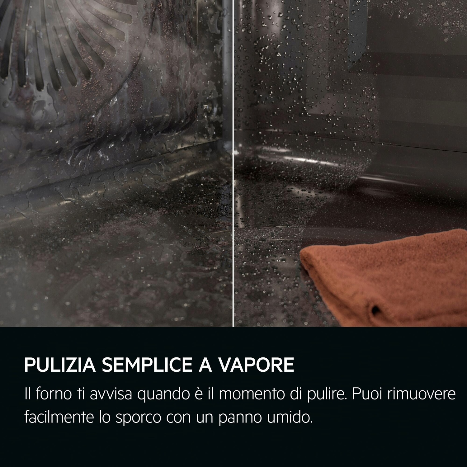 Un panno marrone giace sull'interno scuro e umido di un forno.
