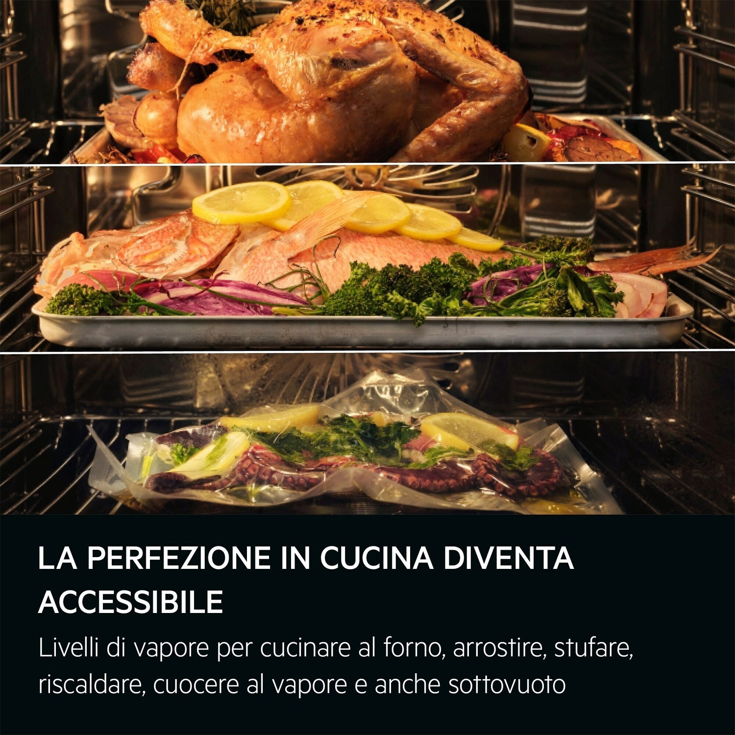 Tre piatti in un forno: pollo arrosto, pesce con verdure, sacchetto sottovuoto.
