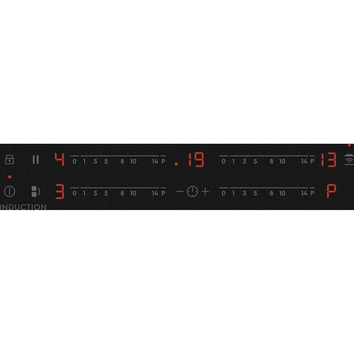 Un display del piano cottura con numeri e simboli, che indica l'induzione.