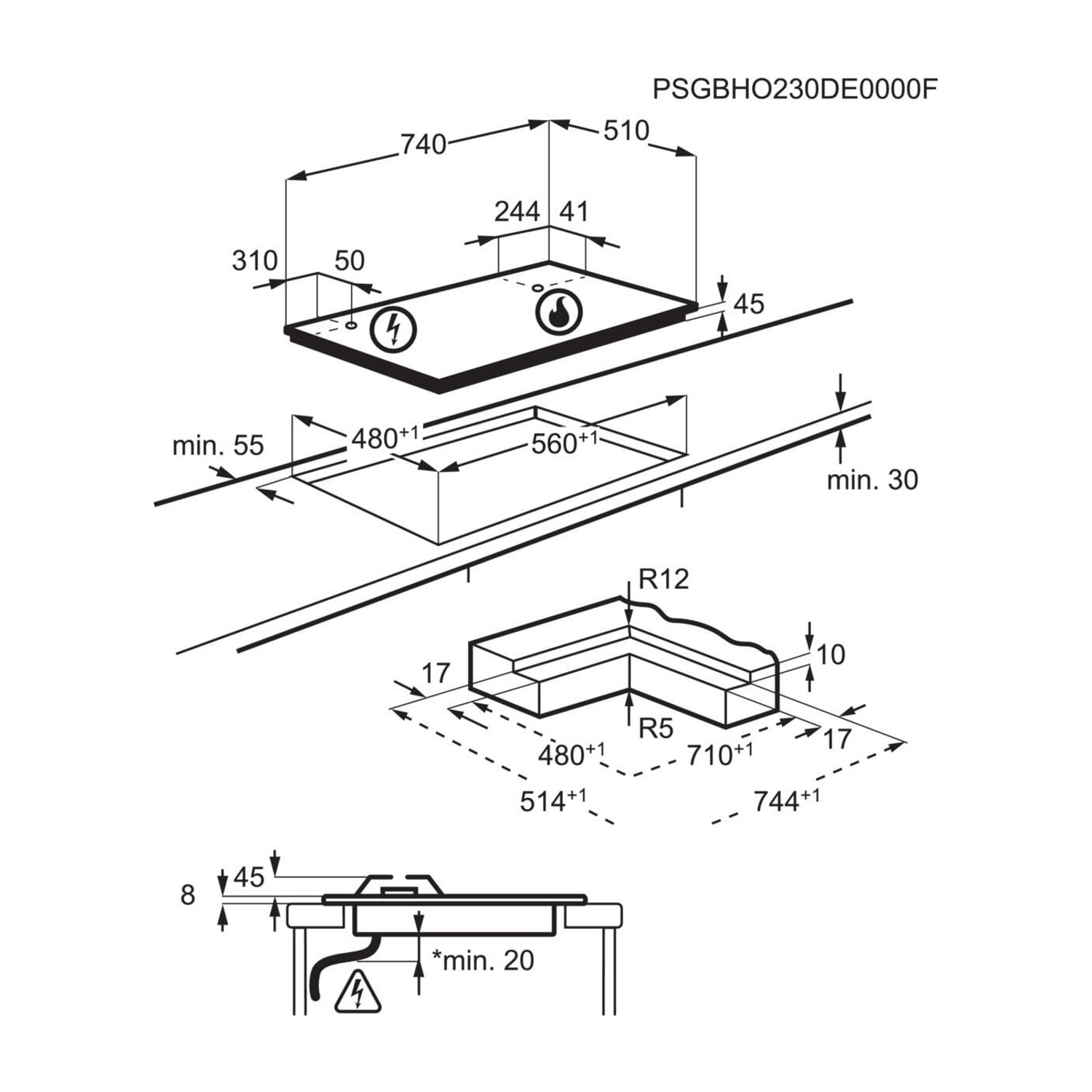 Disegno tecnico di un piano cottura con dimensioni e dettagli di installazione.