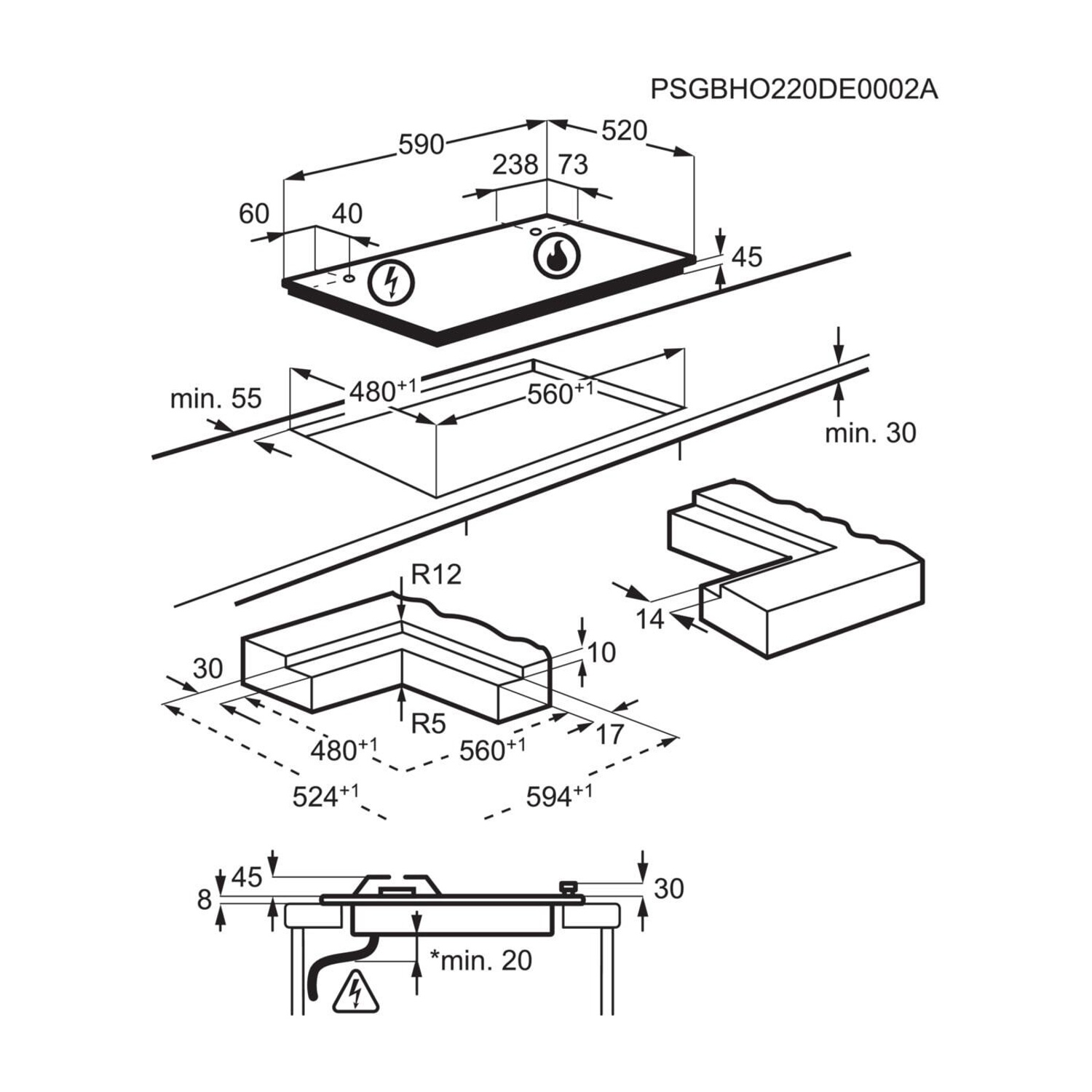 Disegno tecnico di un'installazione di piano cottura con dimensioni.