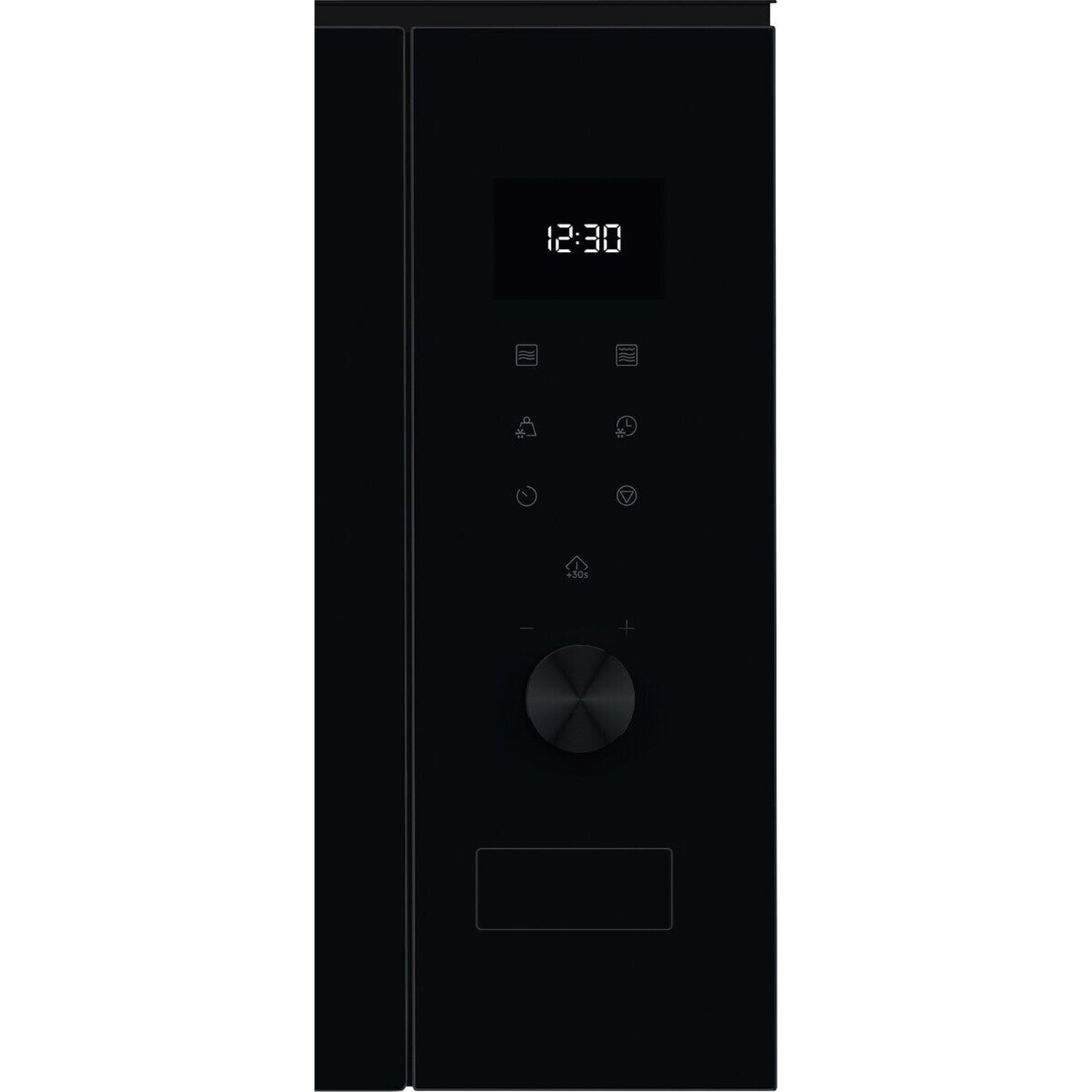 Forno a microonde nero con display digitale 12:30 e pulsanti di controllo.