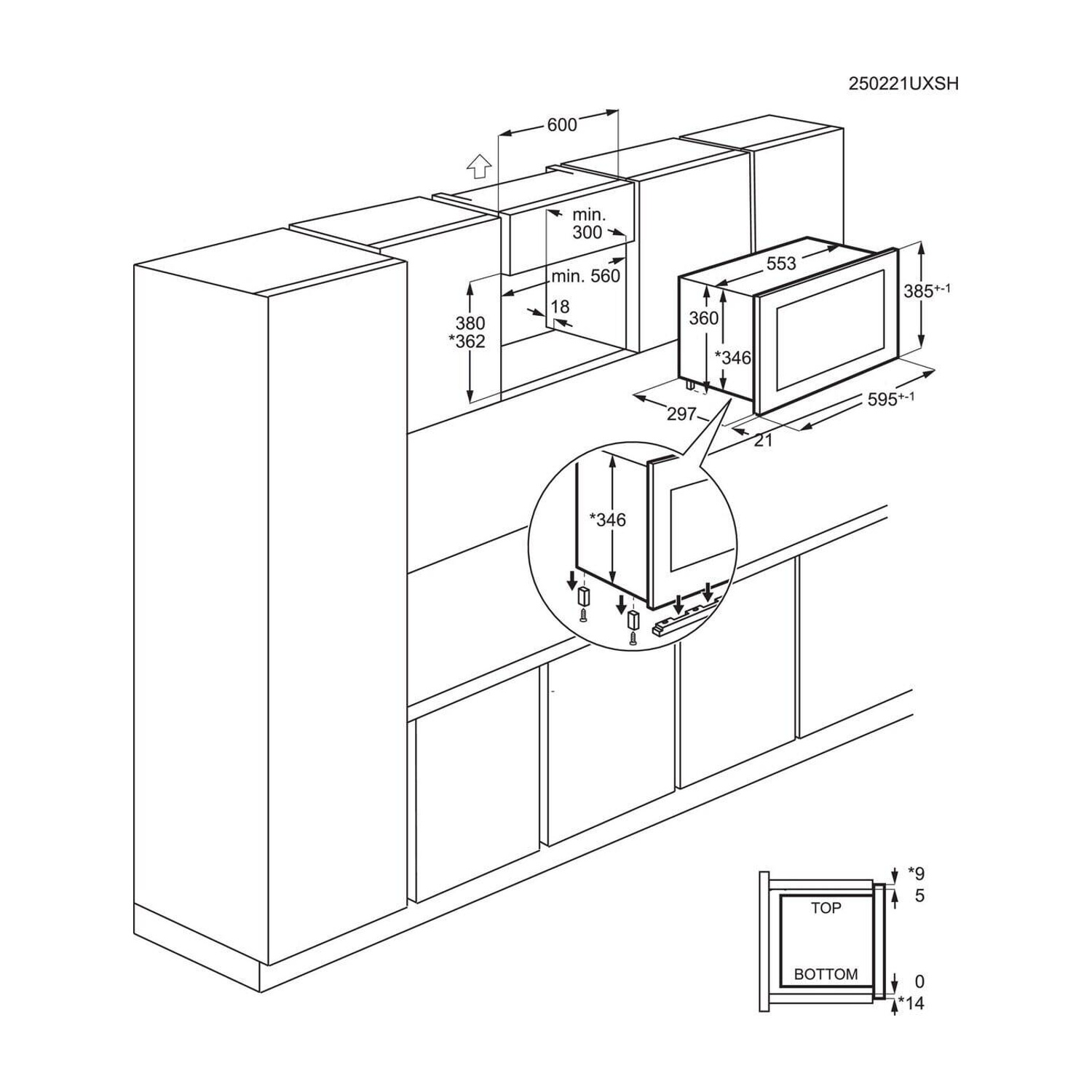 Disegno tecnico di un forno a microonde da incasso con dimensioni.