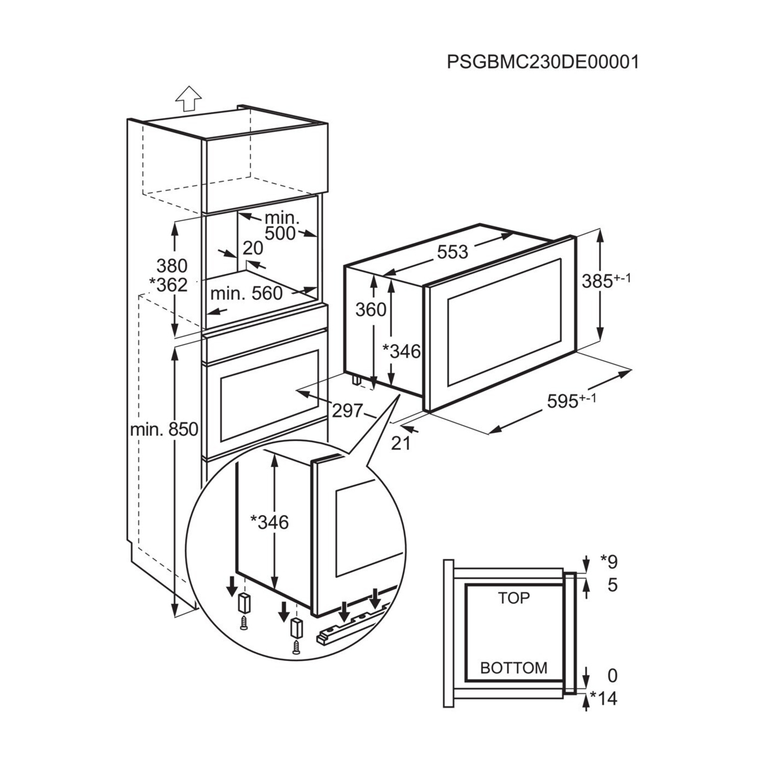 Disegno tecnico di forno e microonde da incasso con dimensioni.