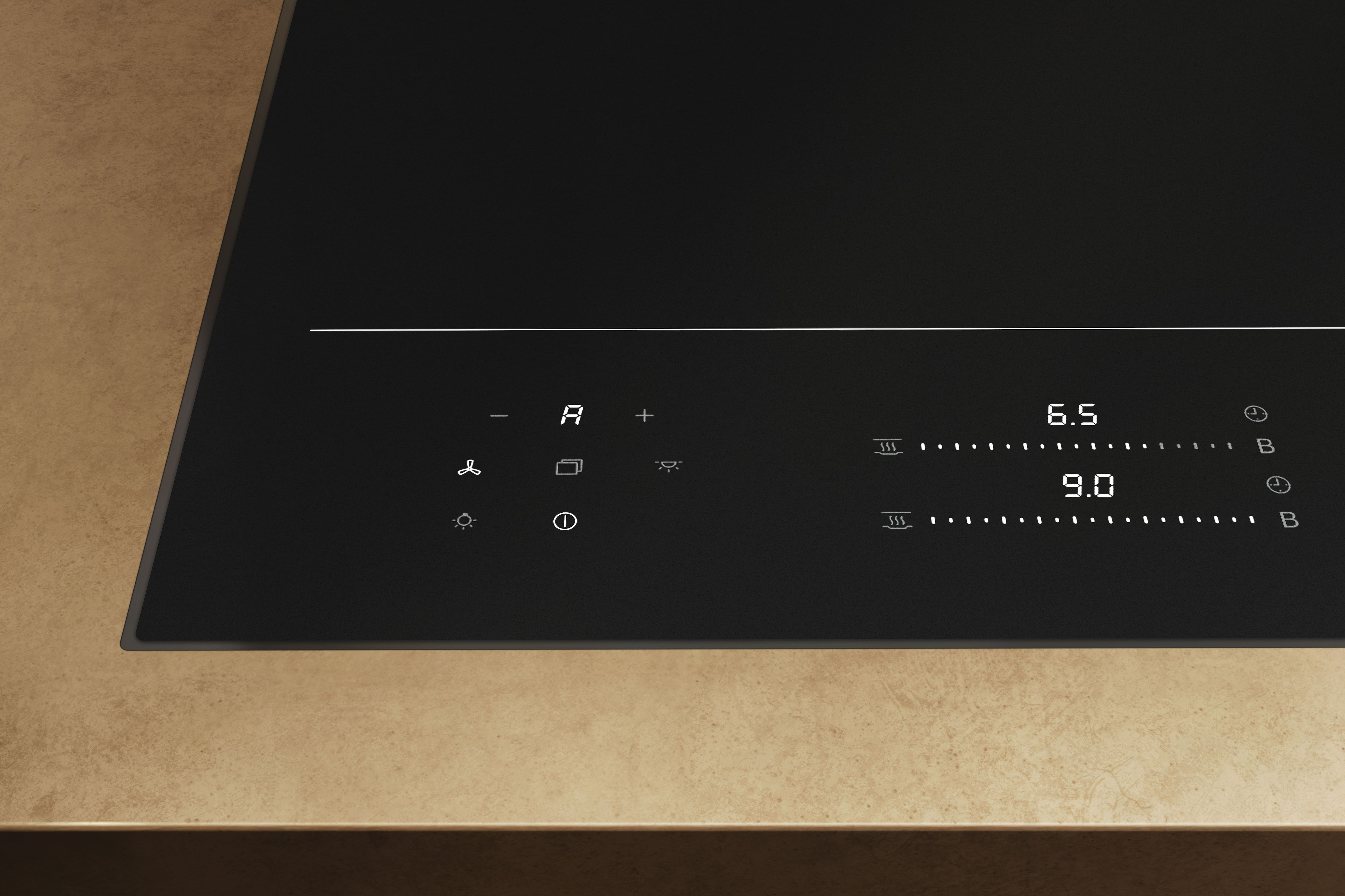 Ein schwarzes Kochfeld mit digitalen Anzeigen für 6.5 und 9.0.