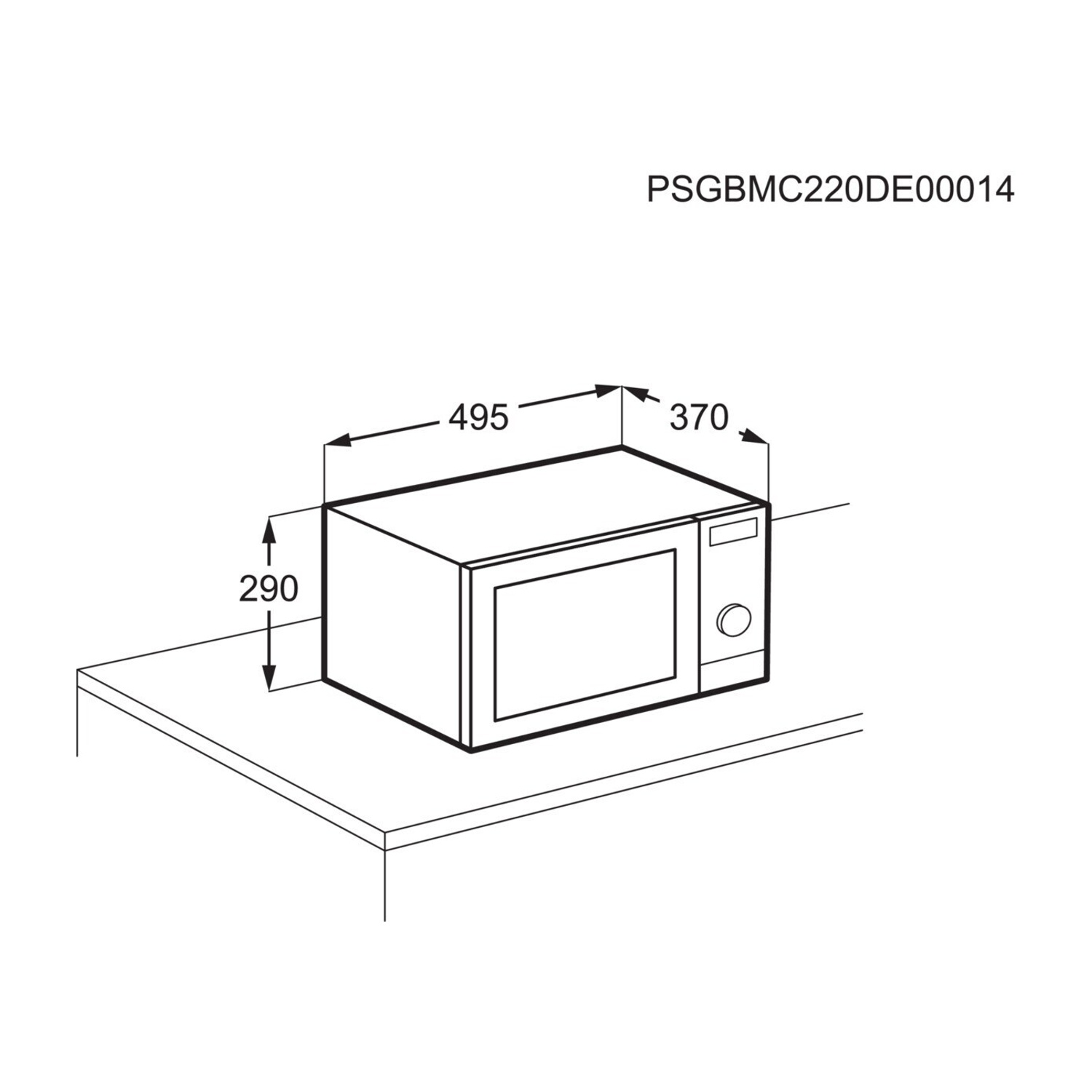 Un disegno schematico di un forno a microonde con dimensioni.