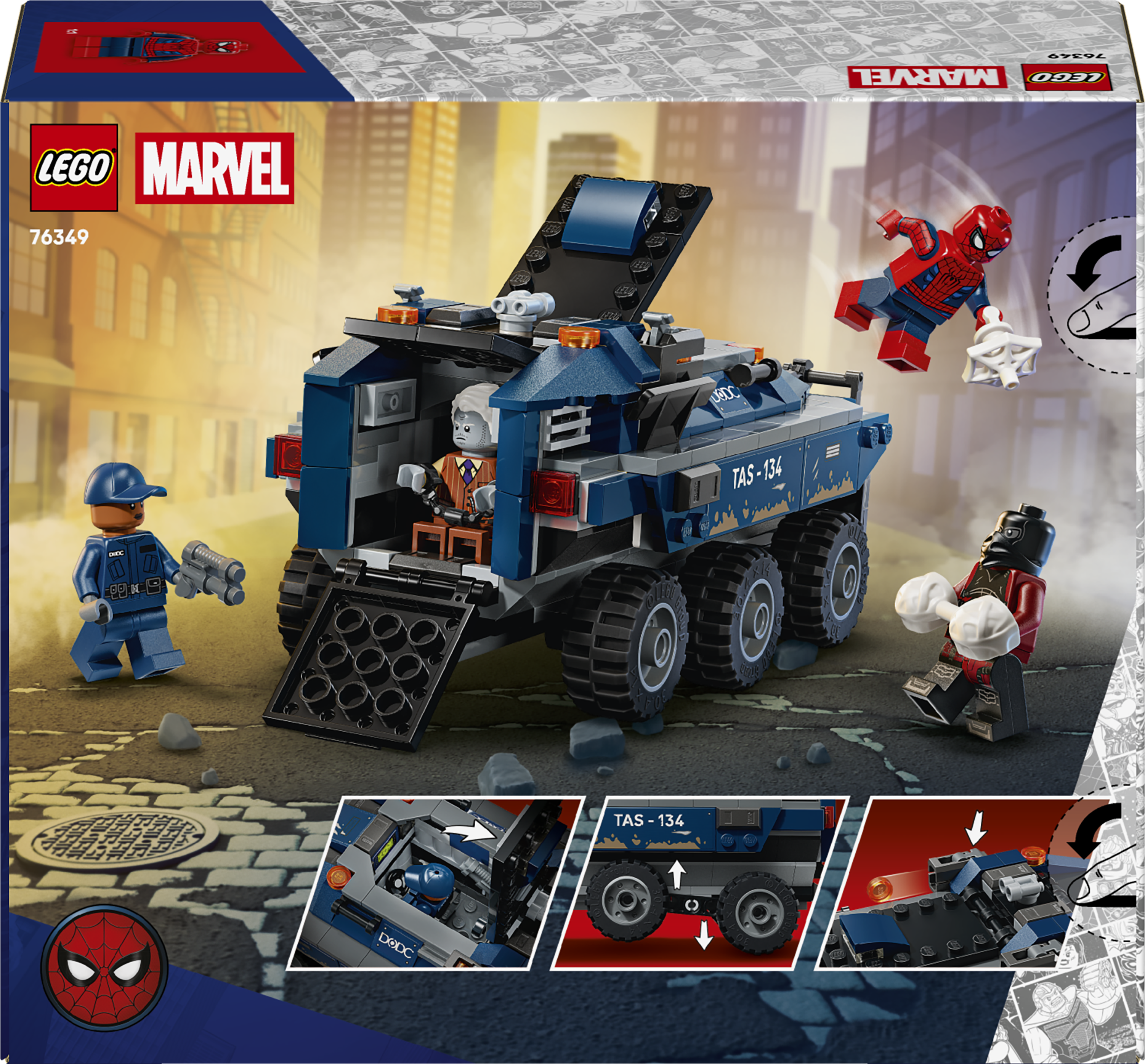 LEGO Marvel Spiderman-Fahrzeug mit Figuren und Comic-Hintergrund.